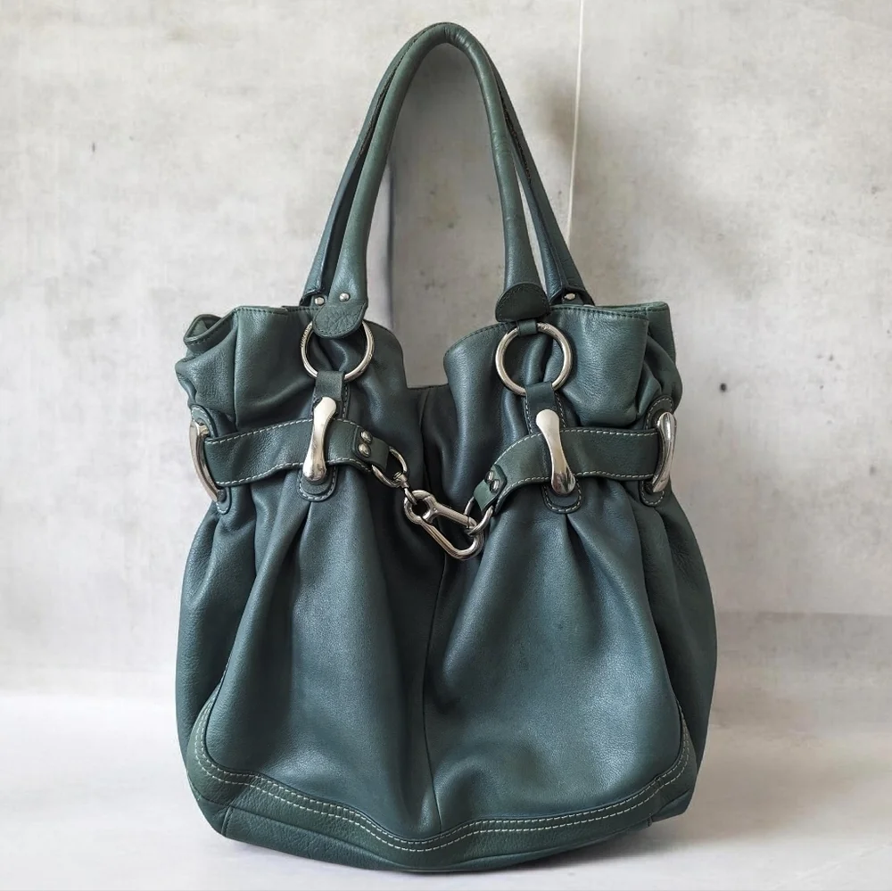 B. Makowsky Teal Slouchy Soft Pebble Leather Hobo Bag Y2K Bohemian Chunky Metal